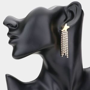 Gold Rhinestone Star Shaped Dangle Fringe Earrings Trendy Fun Fashion Accessory
